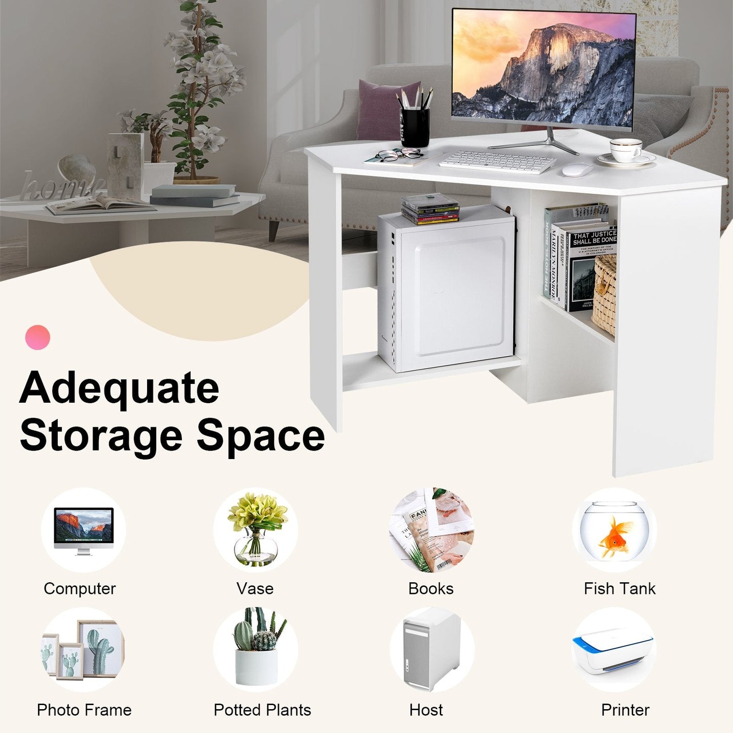 Corner Computer Desk Triangle Writing Workstation with Storage Shelf-White