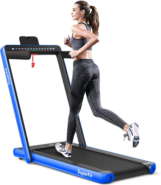2-in-1 Electric Motorized Health and Fitness Folding Treadmill with Dual Display-Blue (Max265 lbs)