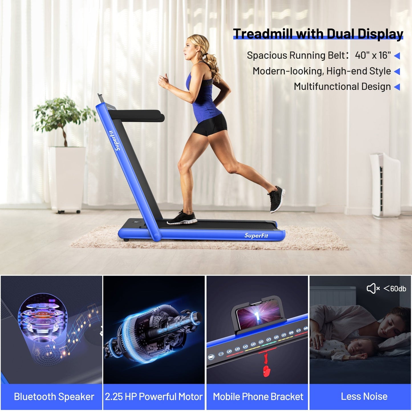 2-in-1 Electric Motorized Health and Fitness Folding Treadmill with Dual Display-Blue (Max265 lbs)