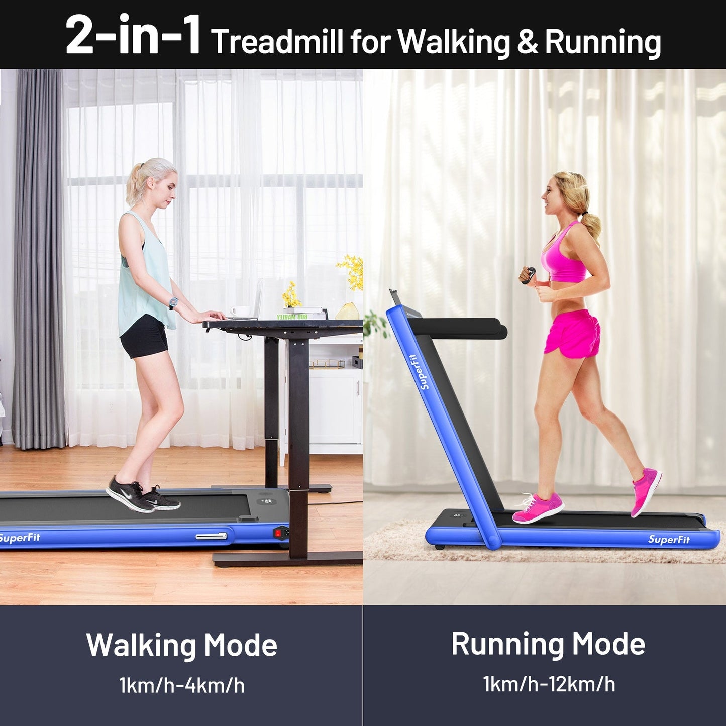 2-in-1 Electric Motorized Health and Fitness Folding Treadmill with Dual Display-Blue (Max265 lbs)