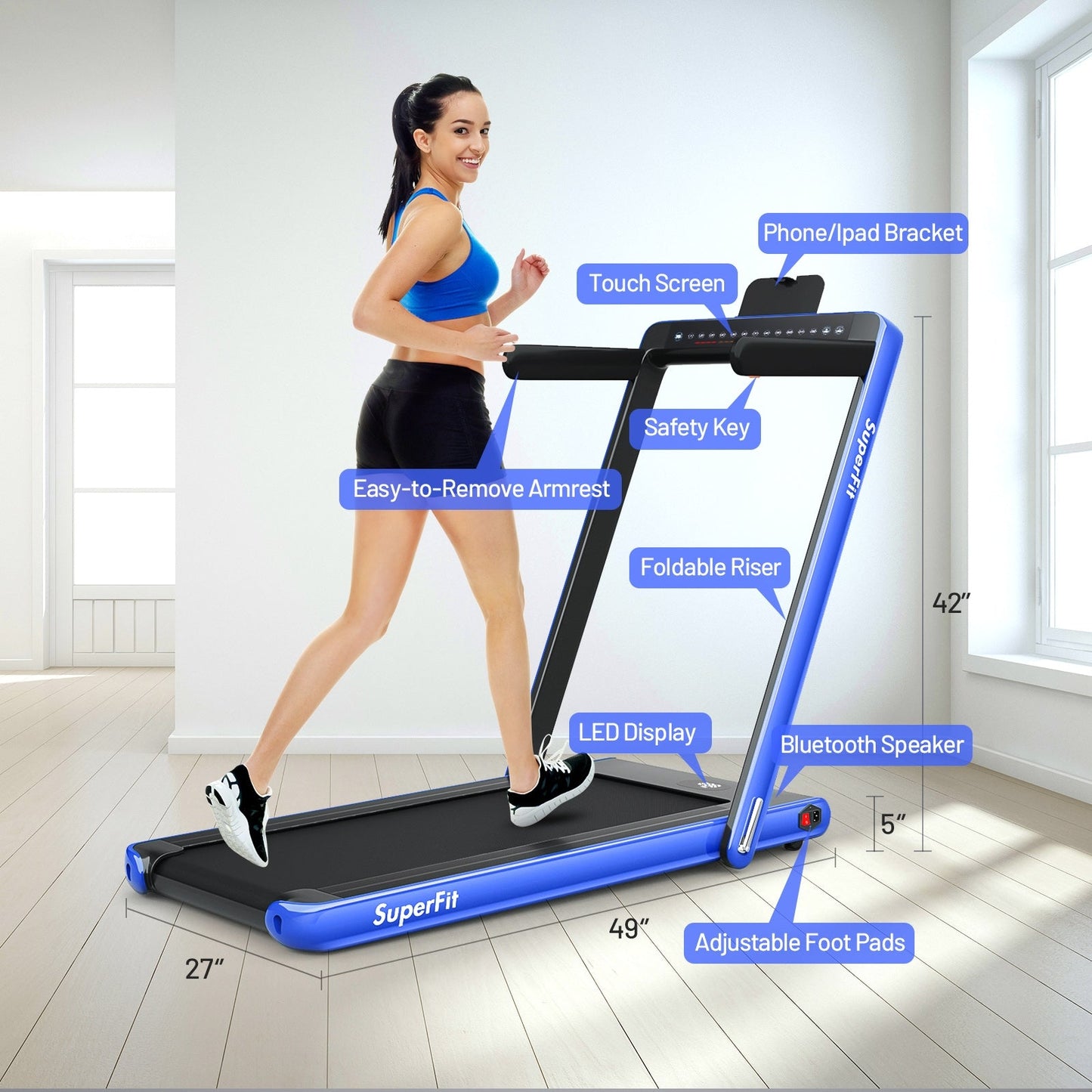 2-in-1 Electric Motorized Health and Fitness Folding Treadmill with Dual Display-Blue (Max265 lbs)