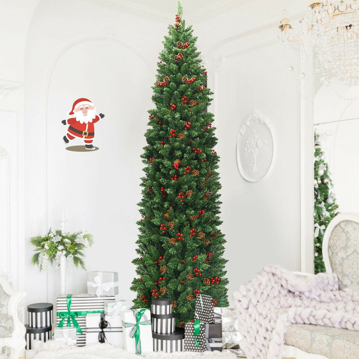 7.5 Feet Pre-lit Hinged Pencil Christmas Tree with Pine Cones Red Berries, Final Sale