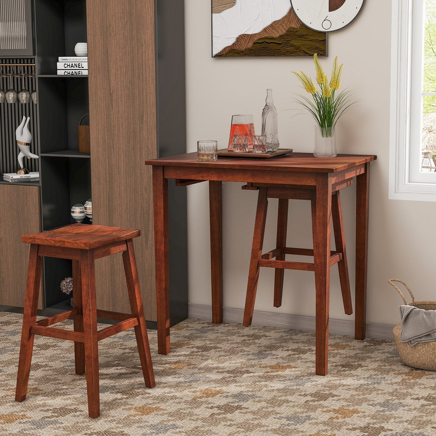3-Piece Bar Table Set with Pub Table and 2 Saddle Stools-Espresso (Assembled)