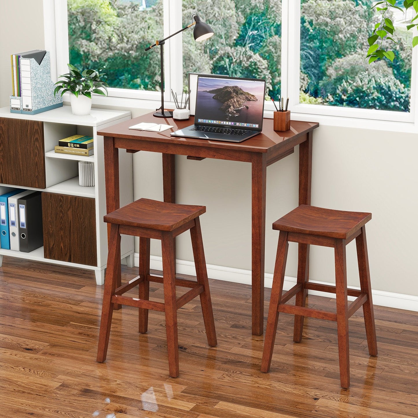 3-Piece Bar Table Set with Pub Table and 2 Saddle Stools-Espresso (Assembled)