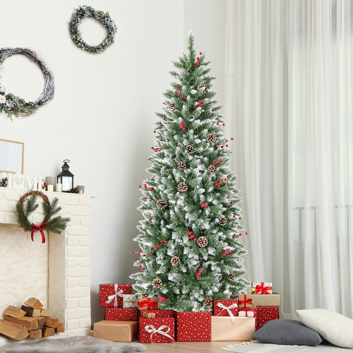 Pre-lit Artificial Pencil Christmas Tree with Pine Cones and Red Berries-6 ft - FINAL SALE