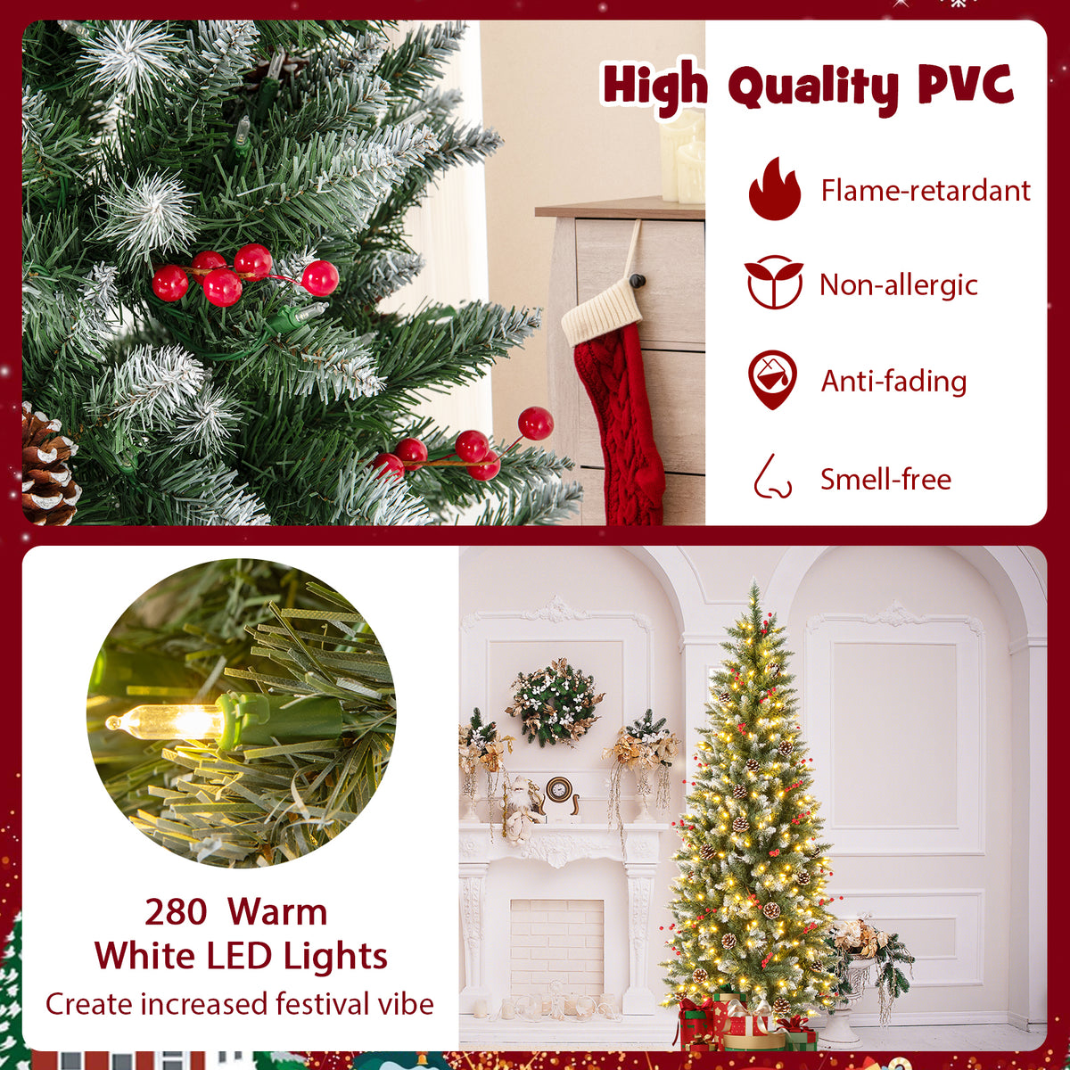Pre-lit Artificial Pencil Christmas Tree with Pine Cones and Red Berries-6 ft - FINAL SALE