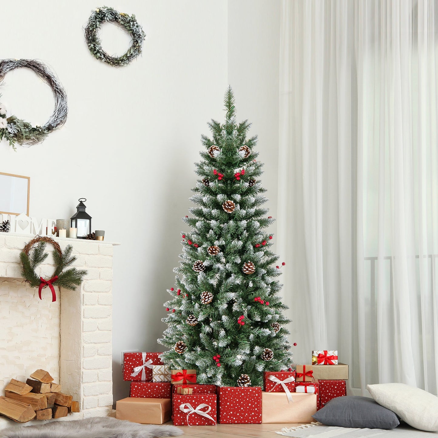 Pre-lit Artificial Pencil Christmas Tree with Pine Cones and Red Berries-5 ft, assembled, final sale