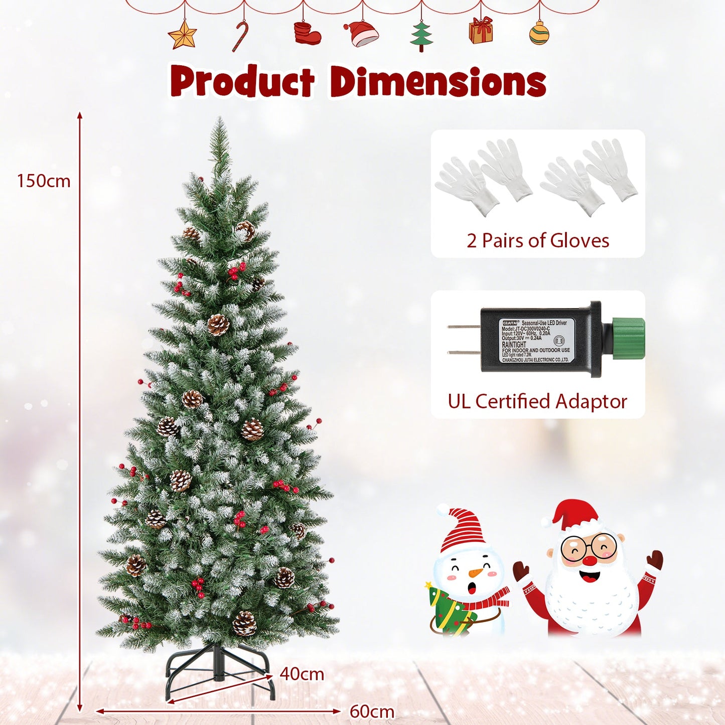 Pre-lit Artificial Pencil Christmas Tree with Pine Cones and Red Berries-5 ft, assembled, final sale