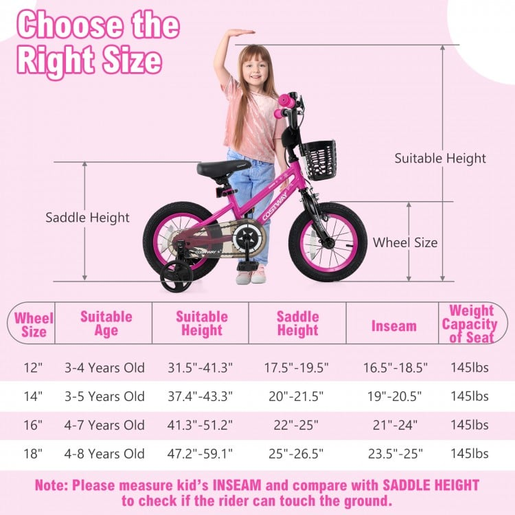 12 Inch Kids Bike with 2 Training Wheels, pink, fully assembled, NO BASKET WITH THIS MODEL