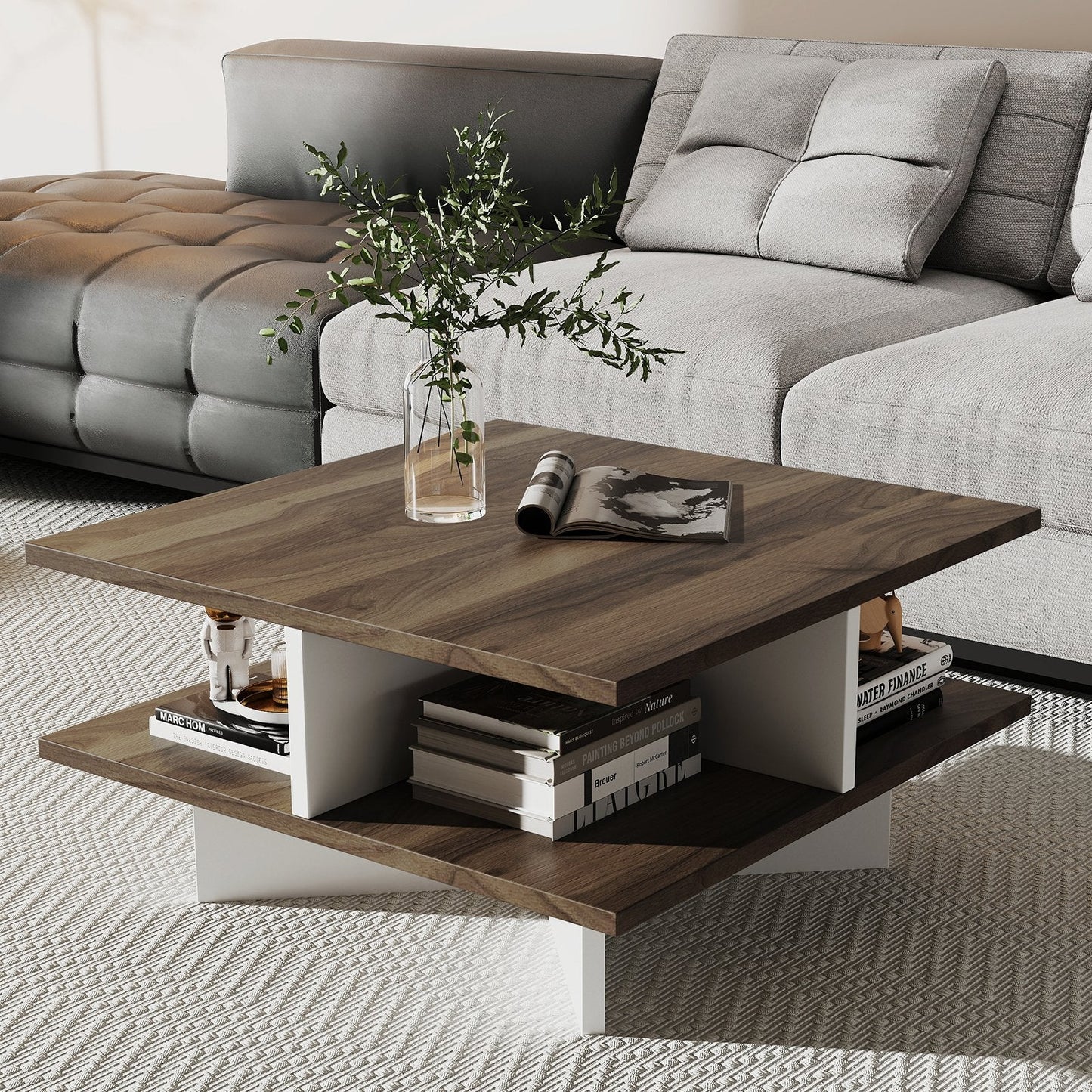 2-Tier Square Coffee Table with 4 Storage Compartments-Walnut (Fully Assembled)