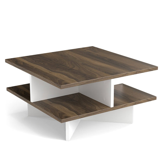 2-Tier Square Coffee Table with 4 Storage Compartments-Walnut (Fully Assembled)