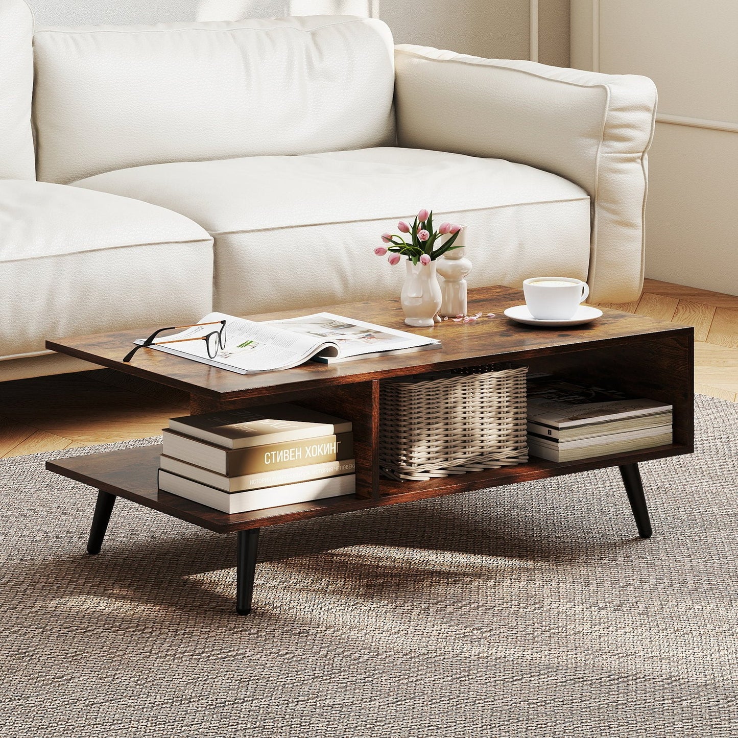 Mid Century Modern Rectangle Coffee Table 2-Tier -Rustic Brown (Assembled)
