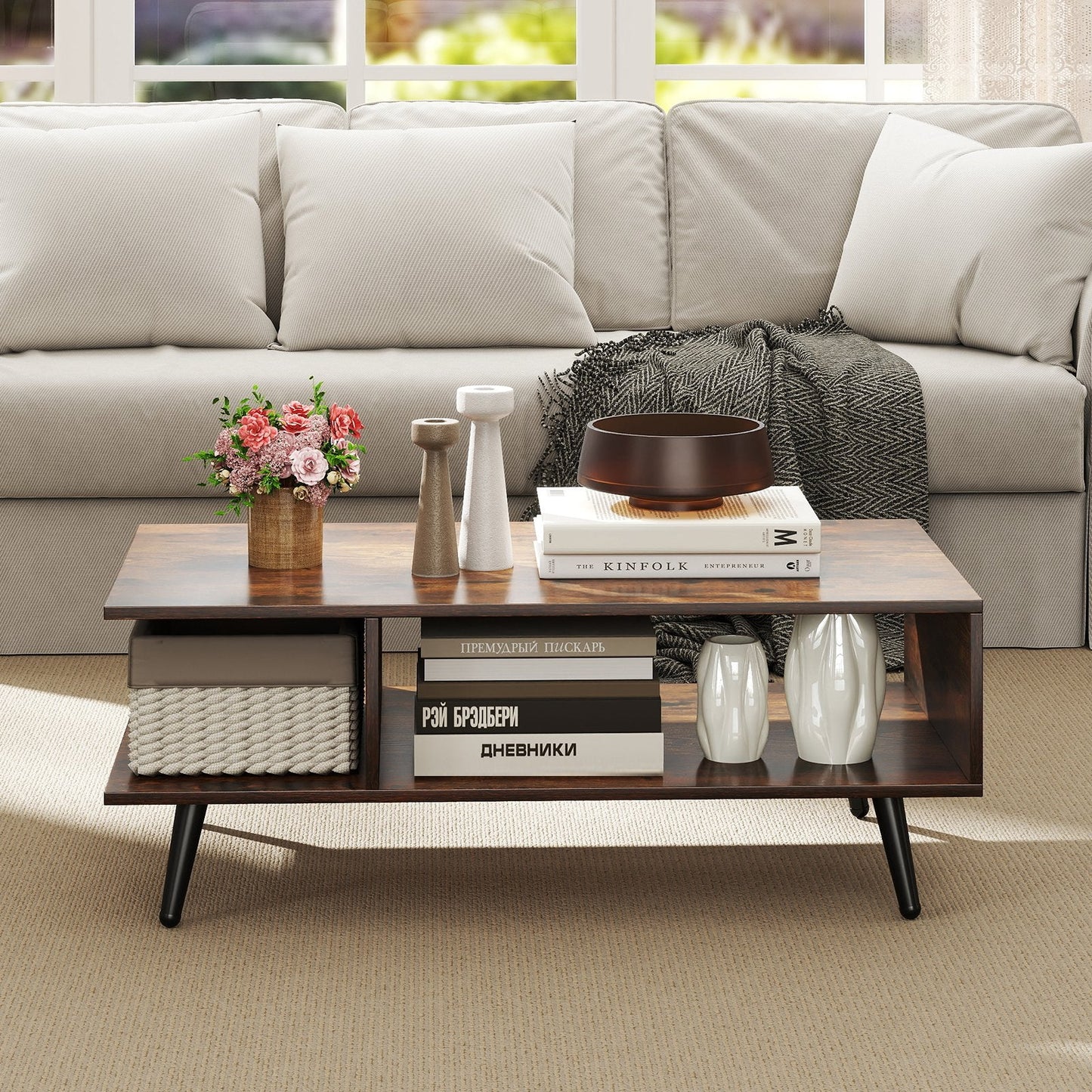 Mid Century Modern Rectangle Coffee Table 2-Tier -Rustic Brown (Assembled)