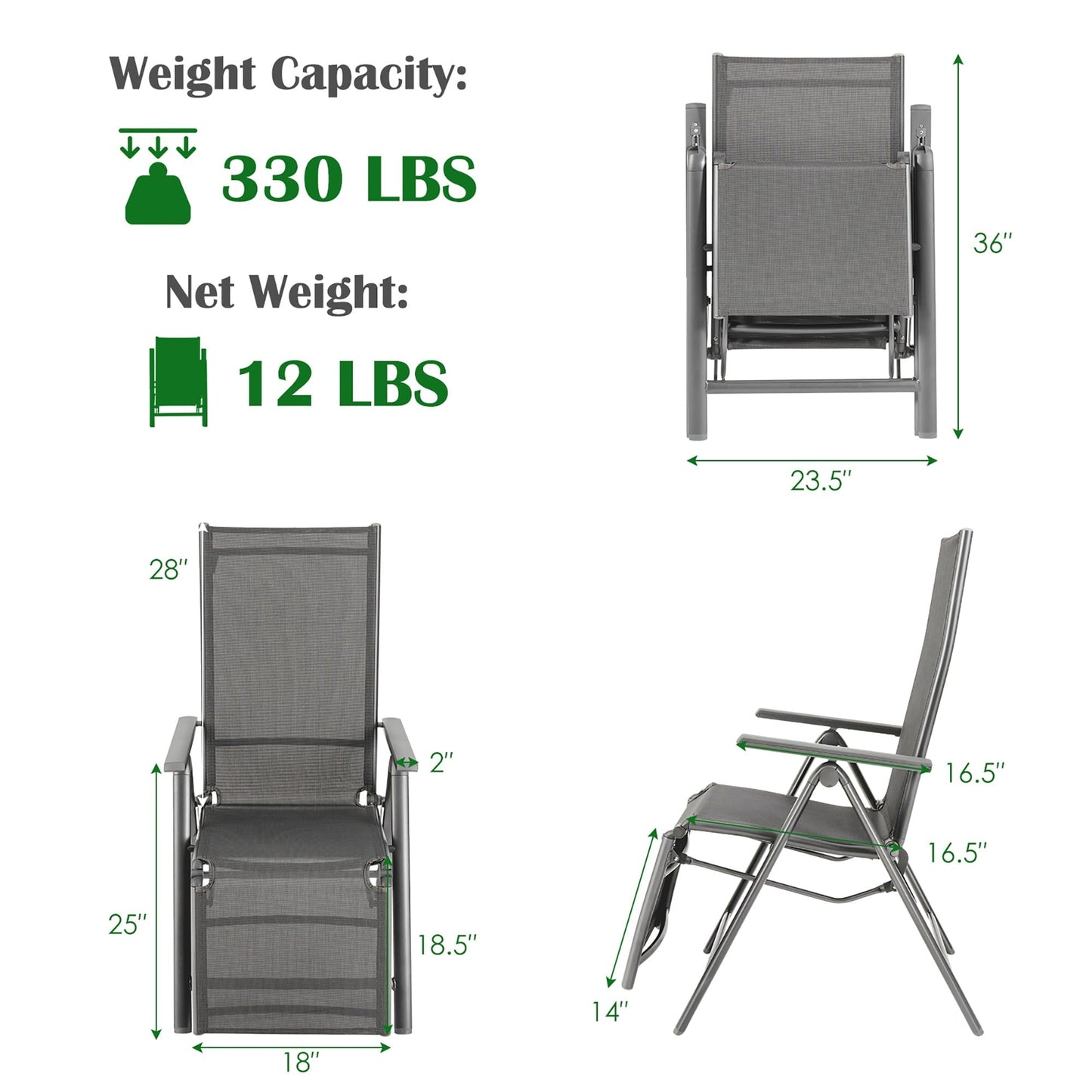 SPECIAL, Outdoor Foldable Reclining Chair Aluminum Frame 7-Position Adjustable