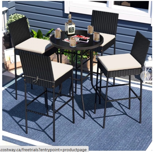 4 Pieces Patio Wicker Barstools with Seat Cushion and Footrest (Assembled)
