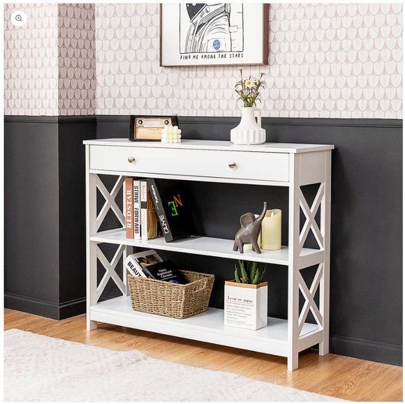 Console Table 3-Tier with Drawer and Storage Shelves-White - Scratch and Dent