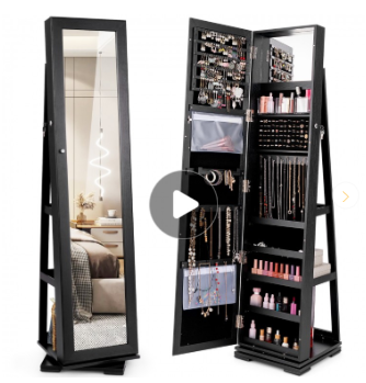 360° Rotatable 2-in-1 Lockable Jewelry Cabinet with Full-Length Mirror (Assembled)