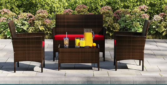 4 Piece Patio Rattan Conversation Set with Cozy Seat Cushions-RED  (Assembled)