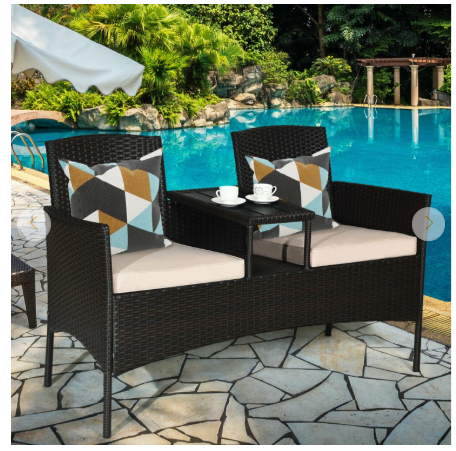 Patio Rattan Cushioned Table Chairs Chat Set - Ours is Turquois (Assembled)
