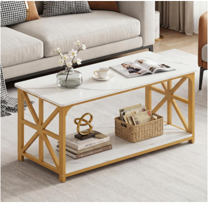 43" 2-Tier Coffee Table with Storage, White+Gold