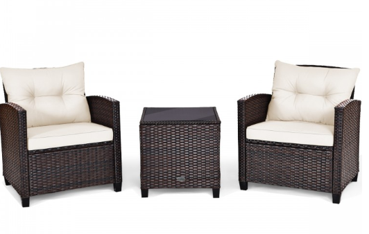 3 Pieces Rattan Patio Conversation Set with Coffee Table-White, Fully Assembled