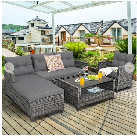 4 Pieces Patio Rattan Furniture Set with Cushion and Table Shelf-Gray (Assembled)