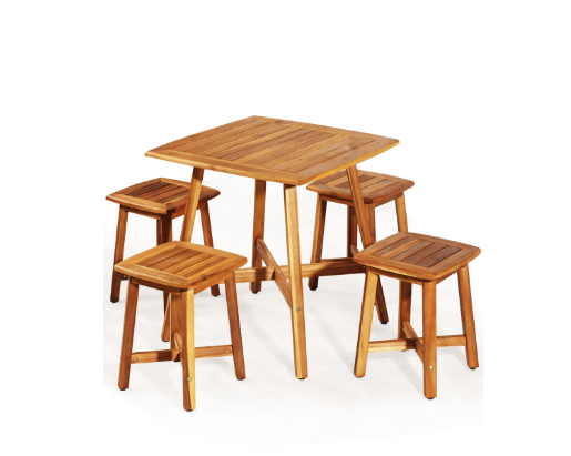 5PCS Acacia Patio Dining Set W/Square Table & 4 Stools Reddish Brown - (Scratch and Dent)