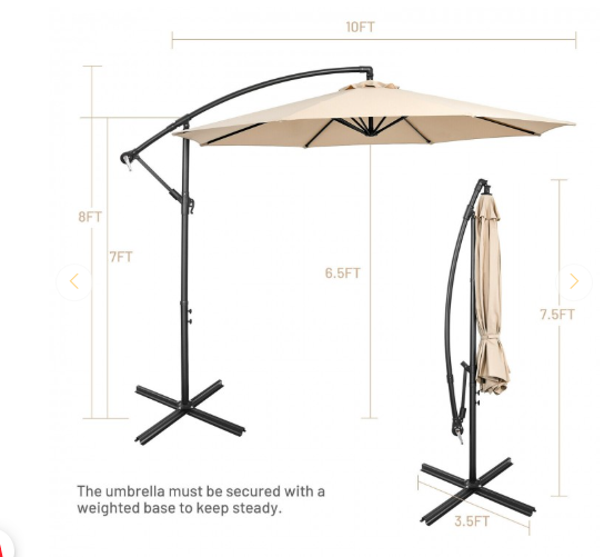 10FT Offset Umbrella with 8 Ribs Cantilever and Cross Base Tilt Adjustment-Beige