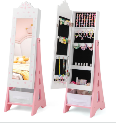 Kids Jewelry Armoire Cabinet, 43.5" with Full-Length Mirror (Assembled)