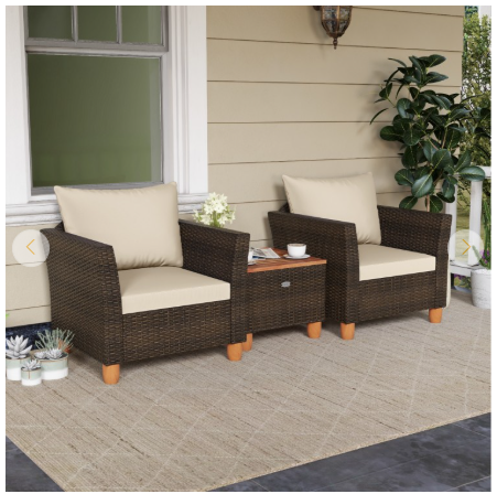 3 Pieces Patio Furniture Set and Acacia Wood Storage Coffee Table-Beige (Assembled)