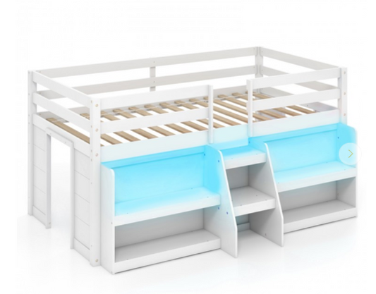 Twin Size Loft Bed with LED Lights with Staircase and Safety Guardrail (1 Box)