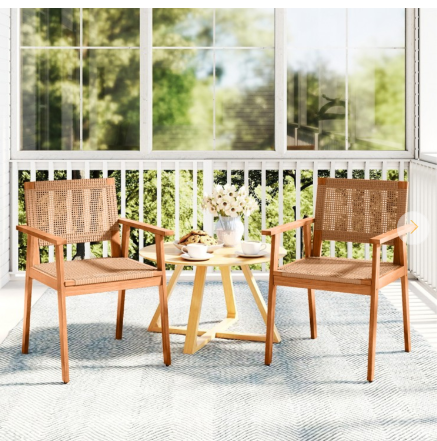 Set of 2, Acacia Wood Outdoor Dining Chairs with Backrests (Assembled)