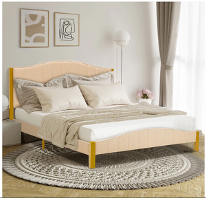 Queen Size, Beige Upholstered platform bed, 1 box