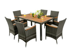 7PCS Patio Rattan Dining Set Acacia Wood Table Cushioned Chair Mix Gray