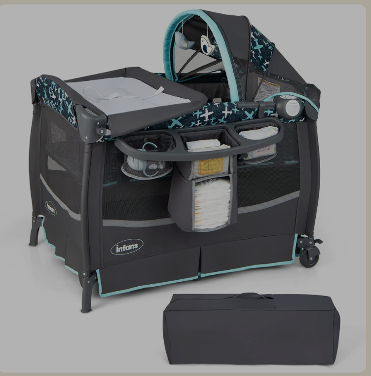 4 in 1 Portable Baby Crib with Flip-Away Changing Table, Foldable Playard Bassinet Nursery Center