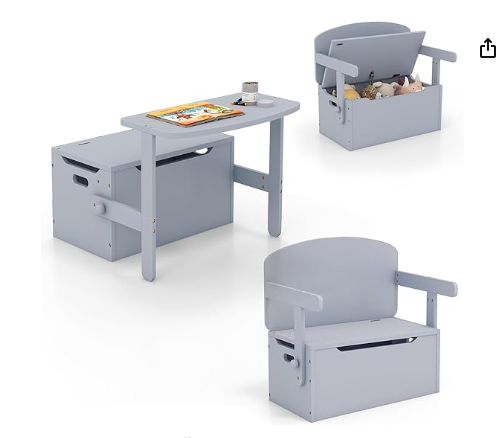 Kids Table and Chair Set, 3 in 1 Convertible Wooden Toy Storage Bench, Grey (Fully Assembled)