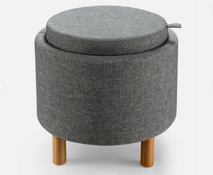 Round Storage Ottoman w/Wood Legs w/Tray Top Accent Padded Footrest Gray