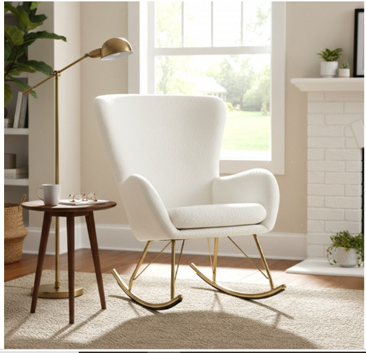 Nursery Rocking Chair with Curved Backrest and Armrests-White
