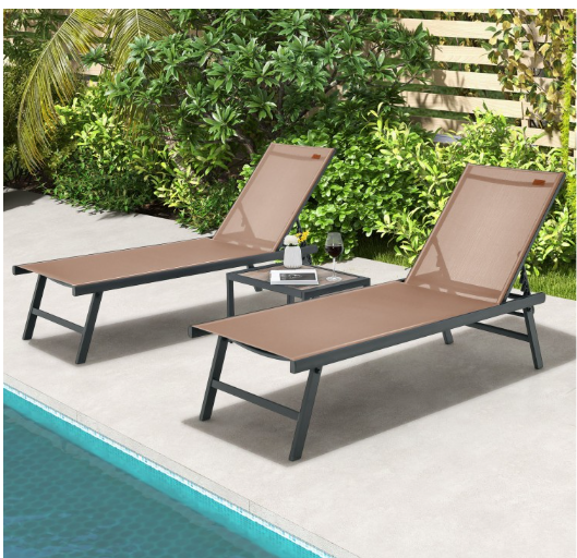 3 Pieces Patio Chaise Lounge Chair and Table Set for Poolside Yard-Brown (Shipping Damage) (assembled)