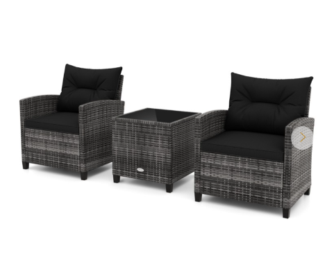 3 Pieces Outdoor Wicker Conversation Set with Tempered Glass Tabletop-Black (Assembled)