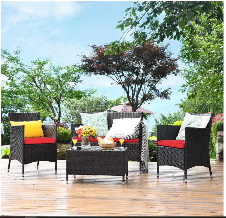 NO TAX SPECIAL, 4 Pieces Comfortable Rattan Outdoor Furniture Set with Glass Table-Red - ASSEMBLED