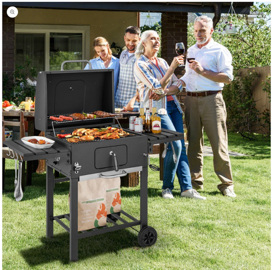 Outdoor BBQ Charcoal Grill with 2 Foldable Side Table and Wheels - 1 box, Unassembled