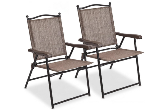 Set of 2 Patio Folding Sling Back Camping Deck Chairs-Brown