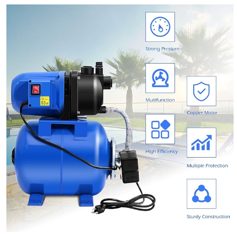 Shallow Well Pump & Pressure Tank, 1000GPH Garden Water Pump Jet Pressurized for Home Irrigation Garden Lawn, 1200W (Blue)