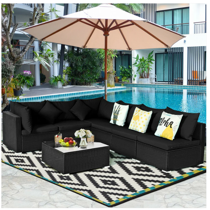 7 Pieces Patio Rattan Furniture Set Sectional - Black - 3 Boxes, Unassembled