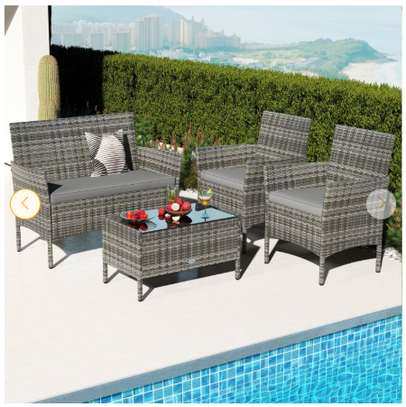 4 Pieces Patio Rattan Conversation Set with Tempered Glass Coffee Table-Gray (Assembled)