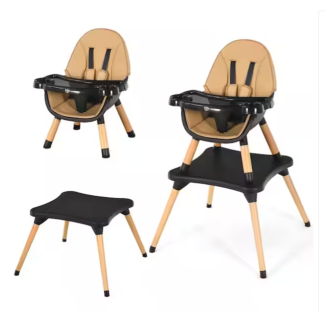 Coffee 5-in-1 Baby High Chair Infant Wooden Convertible Chair 5-Point Seat Belt