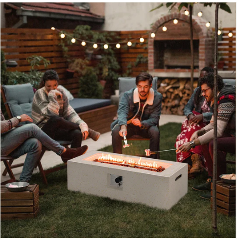 42 Inch 50 000 BTU Rectangle Terrazzo Fire Pit Table with PVC Cover-White