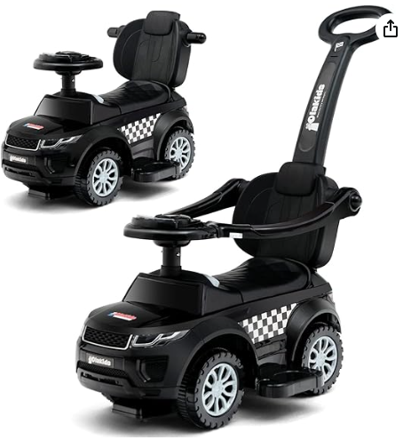 4 in 1 Ride on Push Car, Toddlers Stroller Sliding Walking with Horn, Music, Lights, Removable Guardrails and Handle, Underneath Storage, Foot-to-Floor Walker for Boys Girls (Dark)