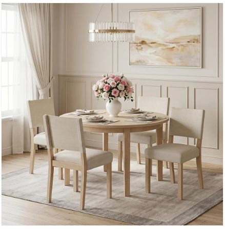 Set of 2 Fabric Upholstered Dining Chair with Solid Wood Legs-Beige
